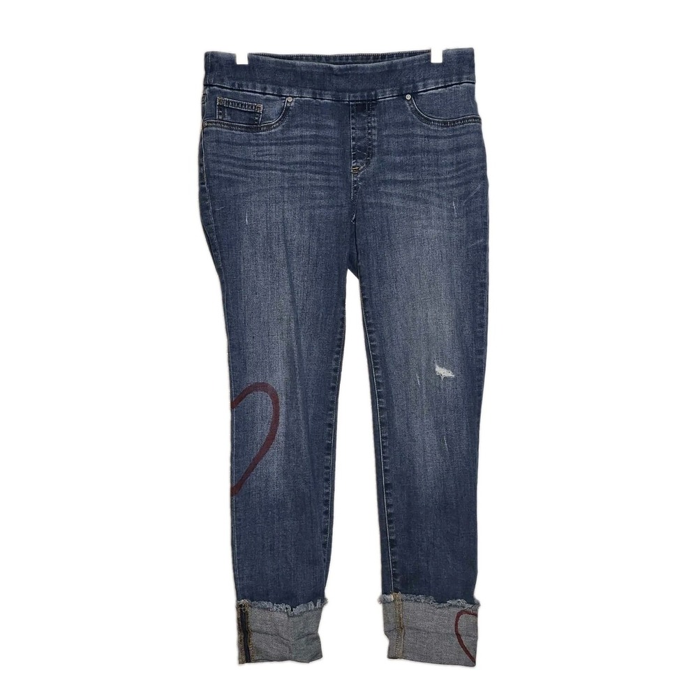 Chico's Sz.00R Blue Denim Jeans with Red Heart Details, Distressed  Cuffed Hem